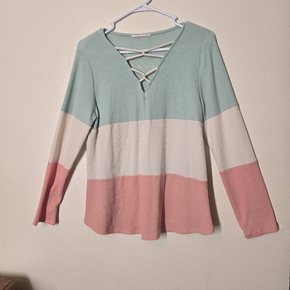 Twenty Second Color Block Sweatshirt - Mint, White, Pink - Picture 1 of 3